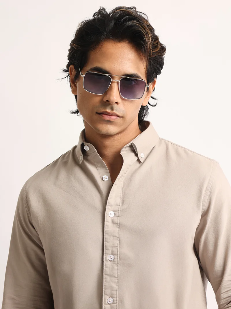 مانياك Maniac Mens Solid Collared Neck Full Sleeve Oxford Linen Blend Fabric Taupe Shirt